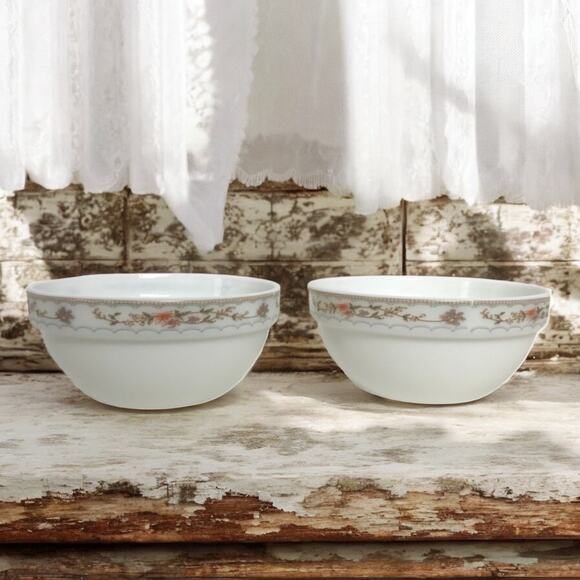 Krystallo Set of 2 Small White Milk Glass Bowls With Floral Accent Bands - Picture 1 of 7